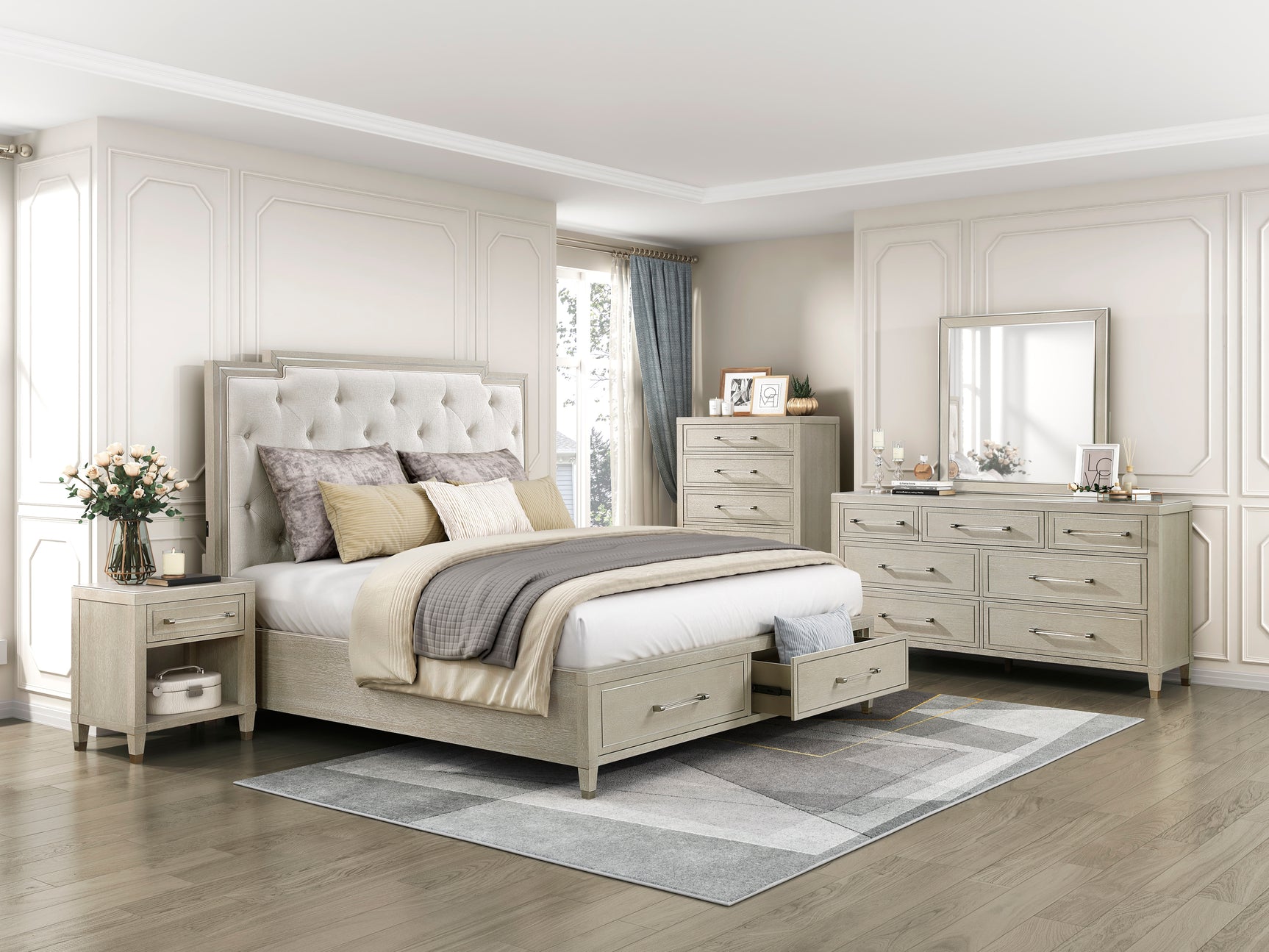 Genoa Ivory/Light Oak 5-Piece Queen Bedroom Set - Ornate Home