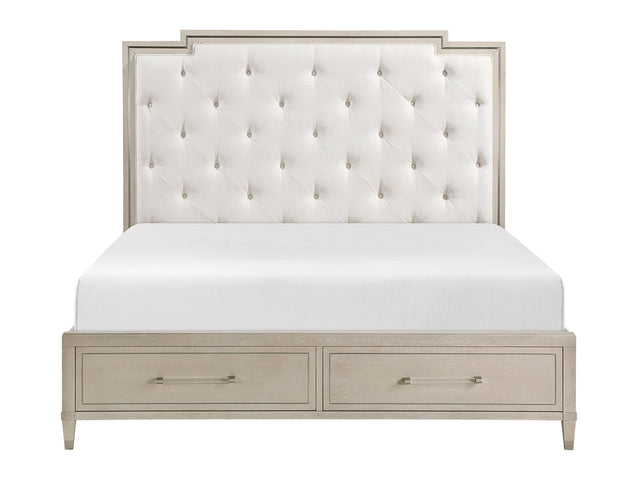Genoa Ivory/Light Oak Queen Platform Bed w/ Footboard Storage - Ornate Home
