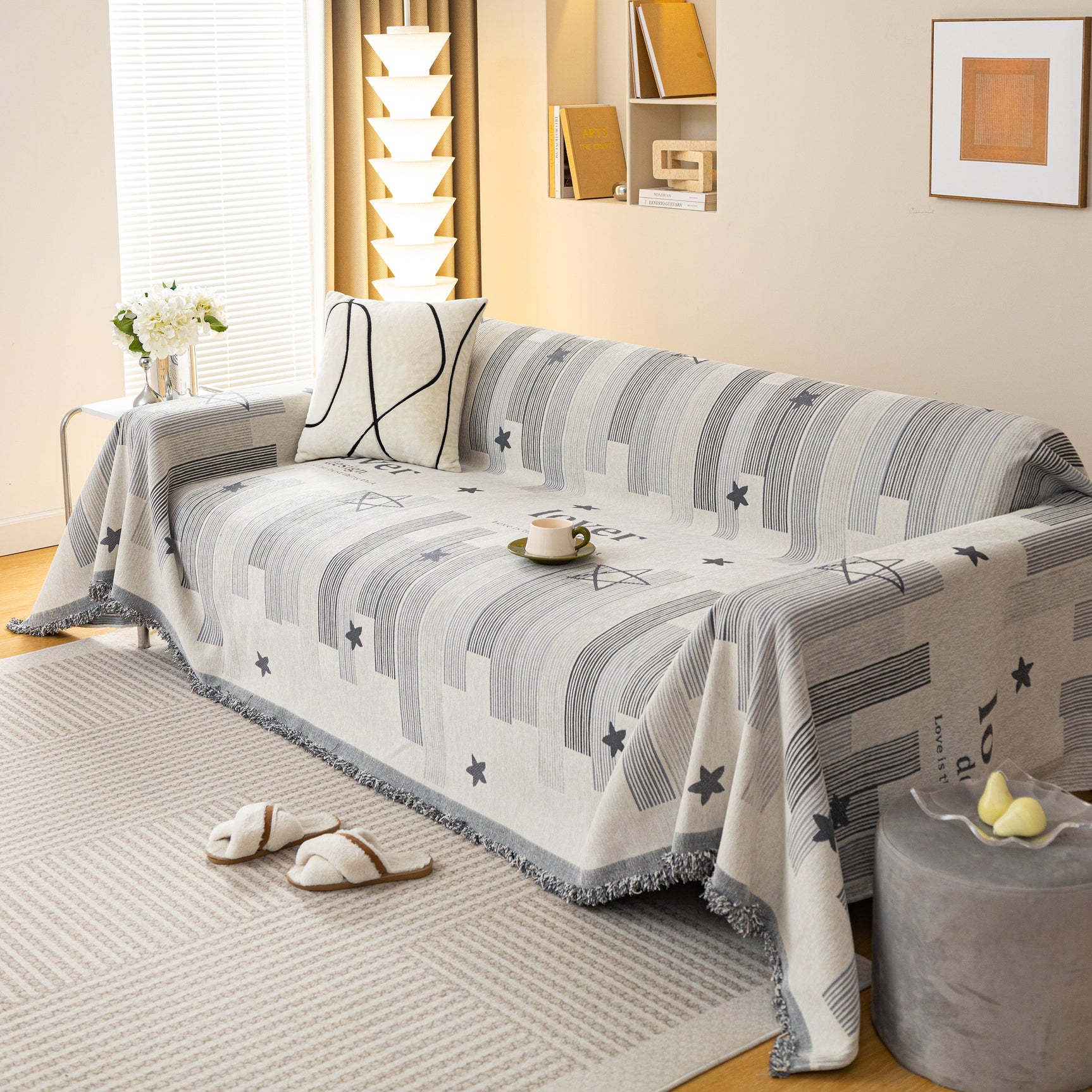 Geometric Chenille Sofa Throw Cover, Breathable Couch Protector with Tassel Fringe - Ornate Home