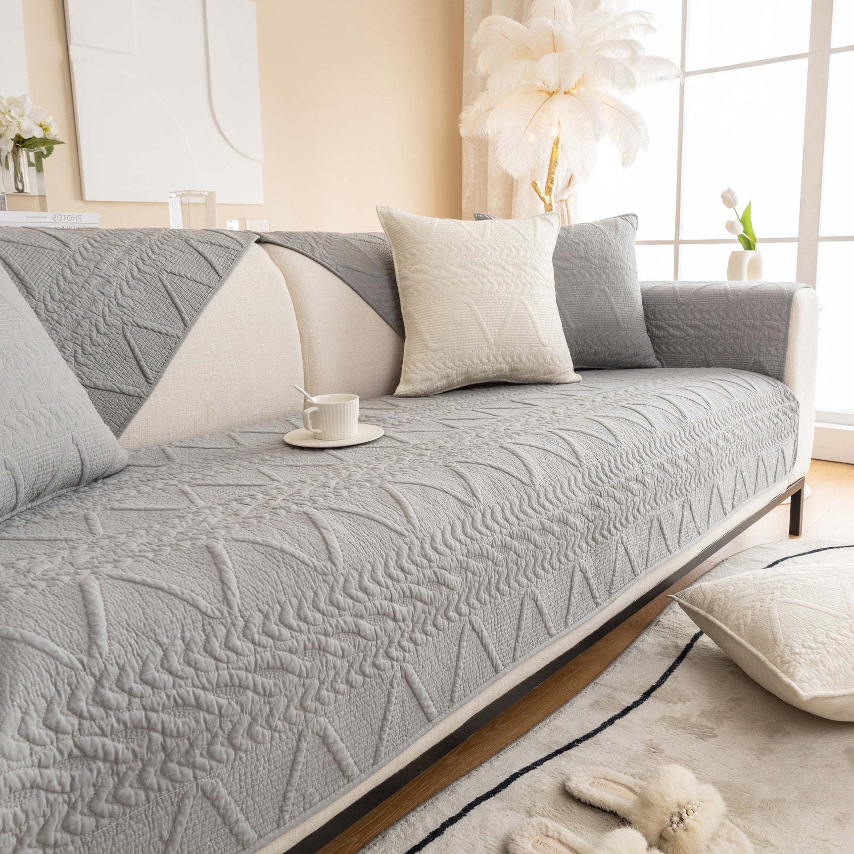 Geometric Textured Cotton Quilted Sofa Cover, Non-Slip Washable Couch Protector - Ornate Home