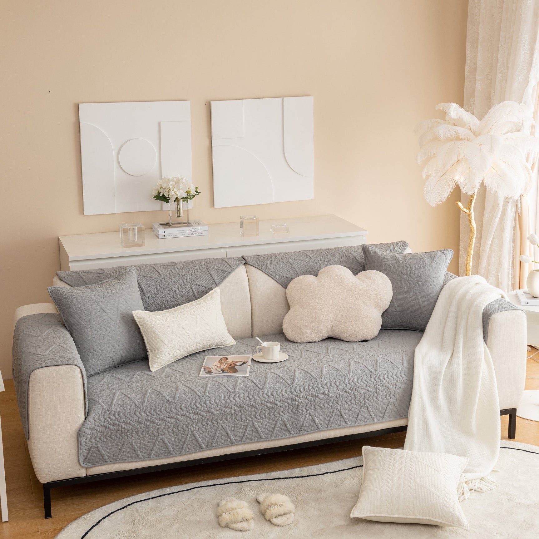Geometric Textured Cotton Quilted Sofa Cover, Non-Slip Washable Couch Protector - Ornate Home