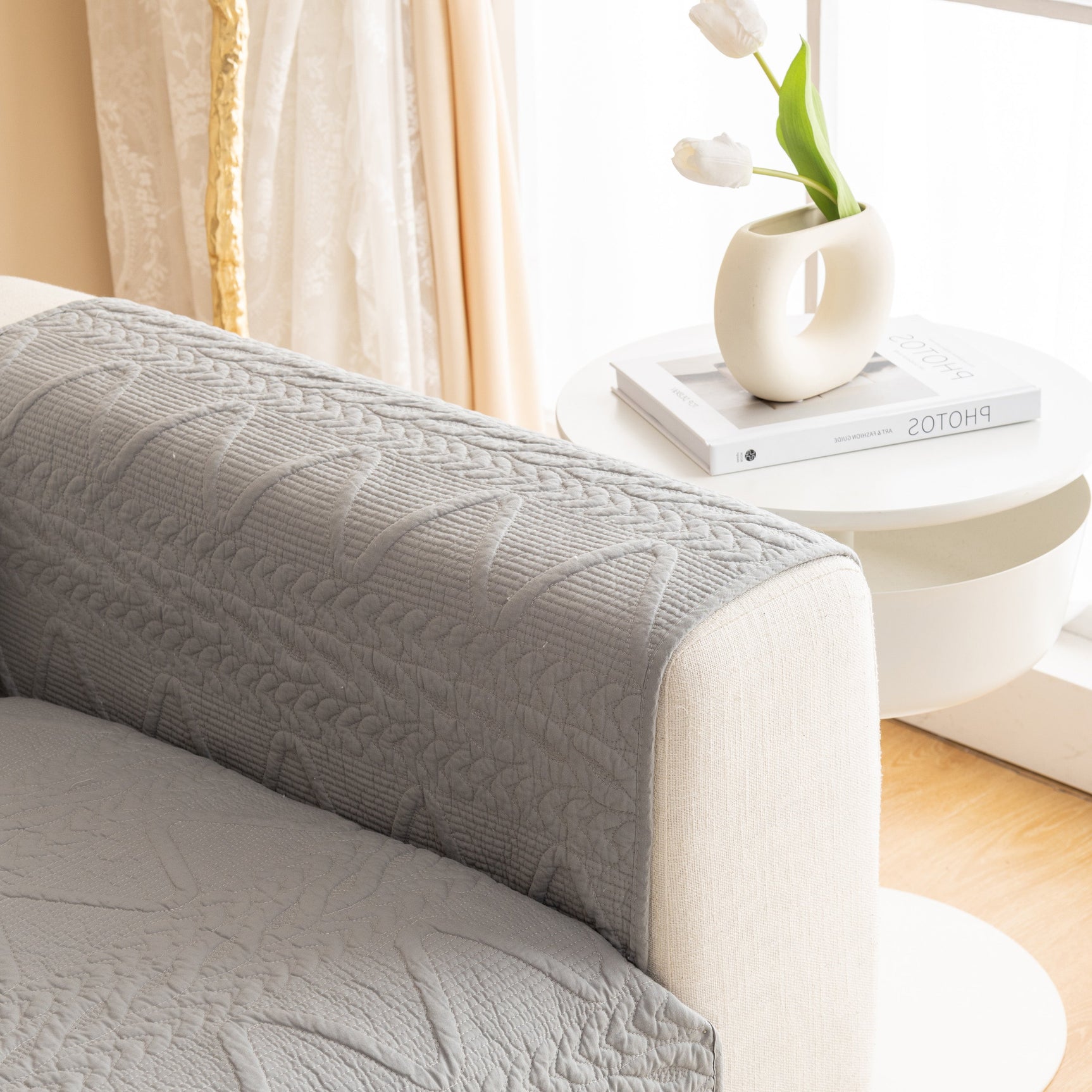 Geometric Textured Cotton Quilted Sofa Cover, Non-Slip Washable Couch Protector - Ornate Home