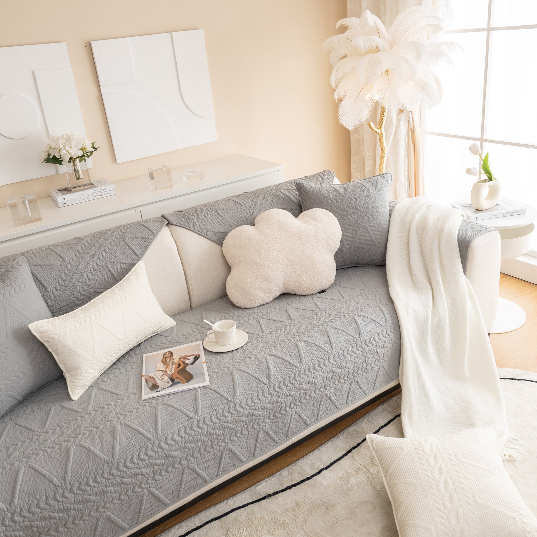 Geometric Textured Cotton Quilted Sofa Cover, Non-Slip Washable Couch Protector - Ornate Home