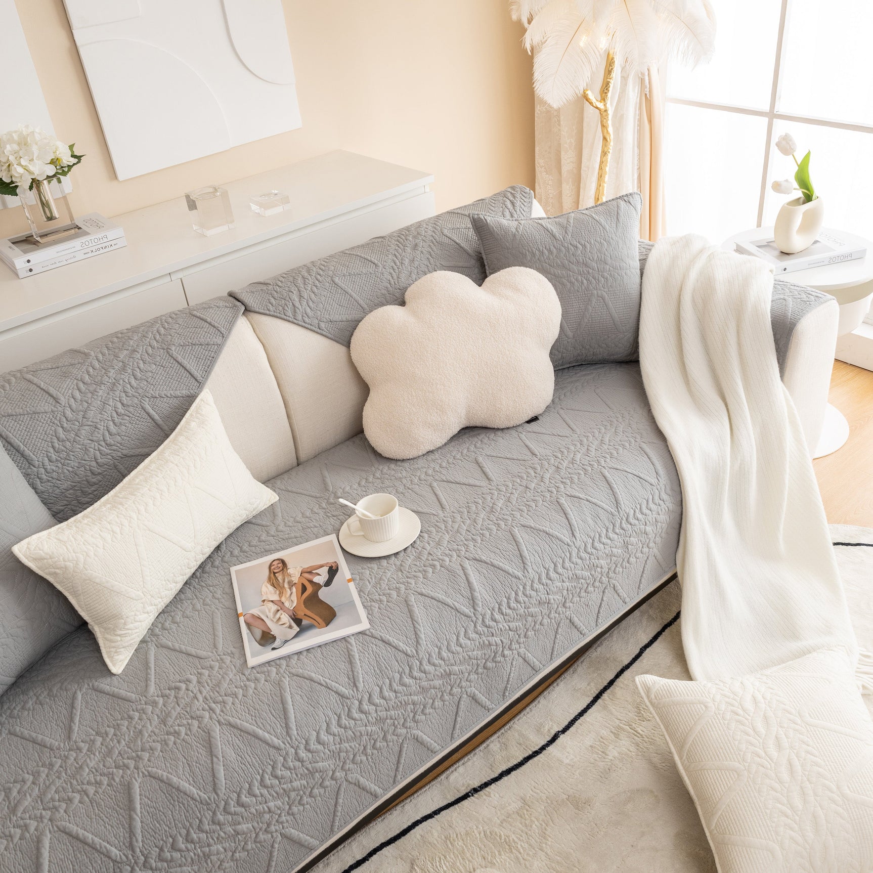 Geometric Textured Cotton Quilted Sofa Cover, Non-Slip Washable Couch Protector - Ornate Home