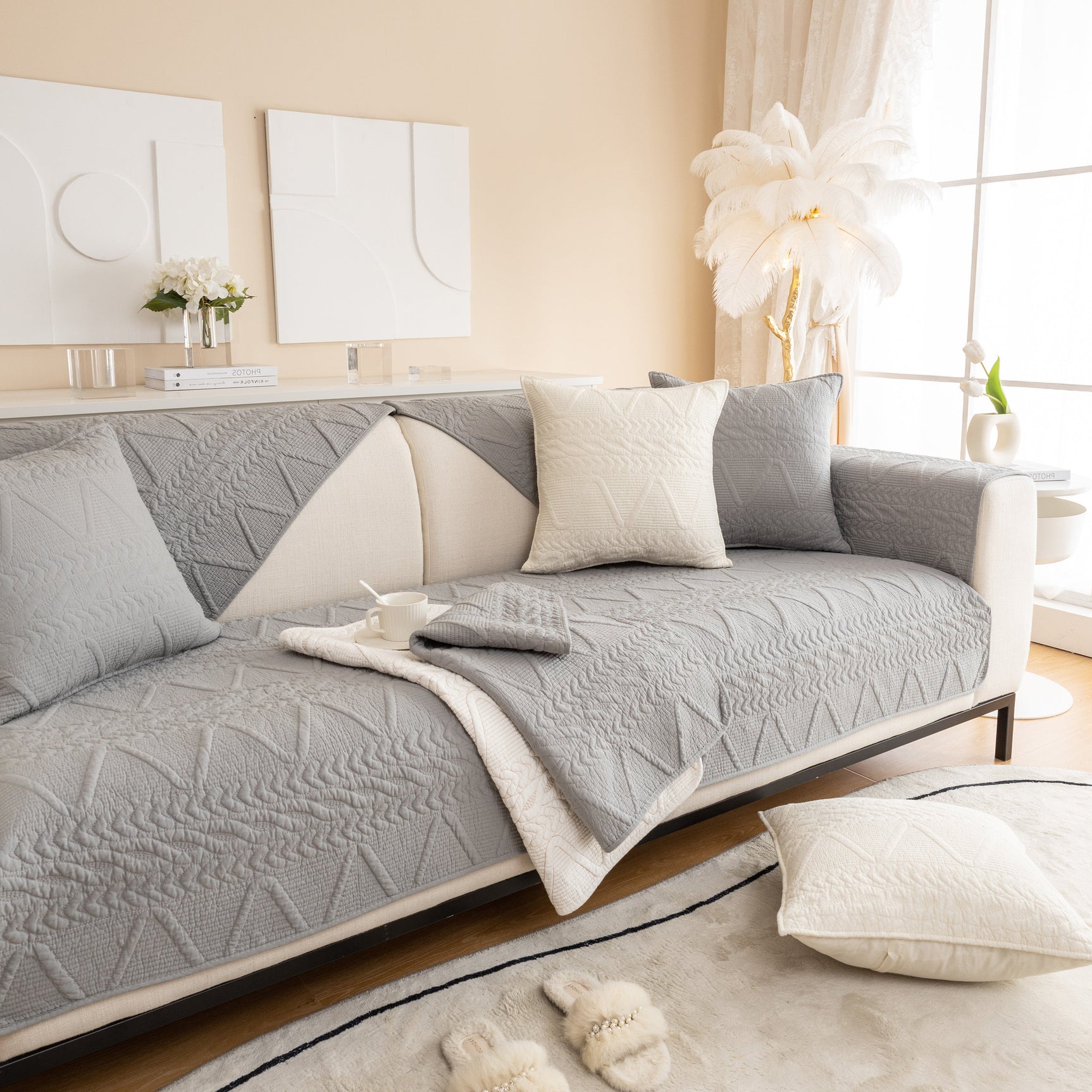 Geometric Textured Cotton Quilted Sofa Cover, Non-Slip Washable Couch Protector - Ornate Home