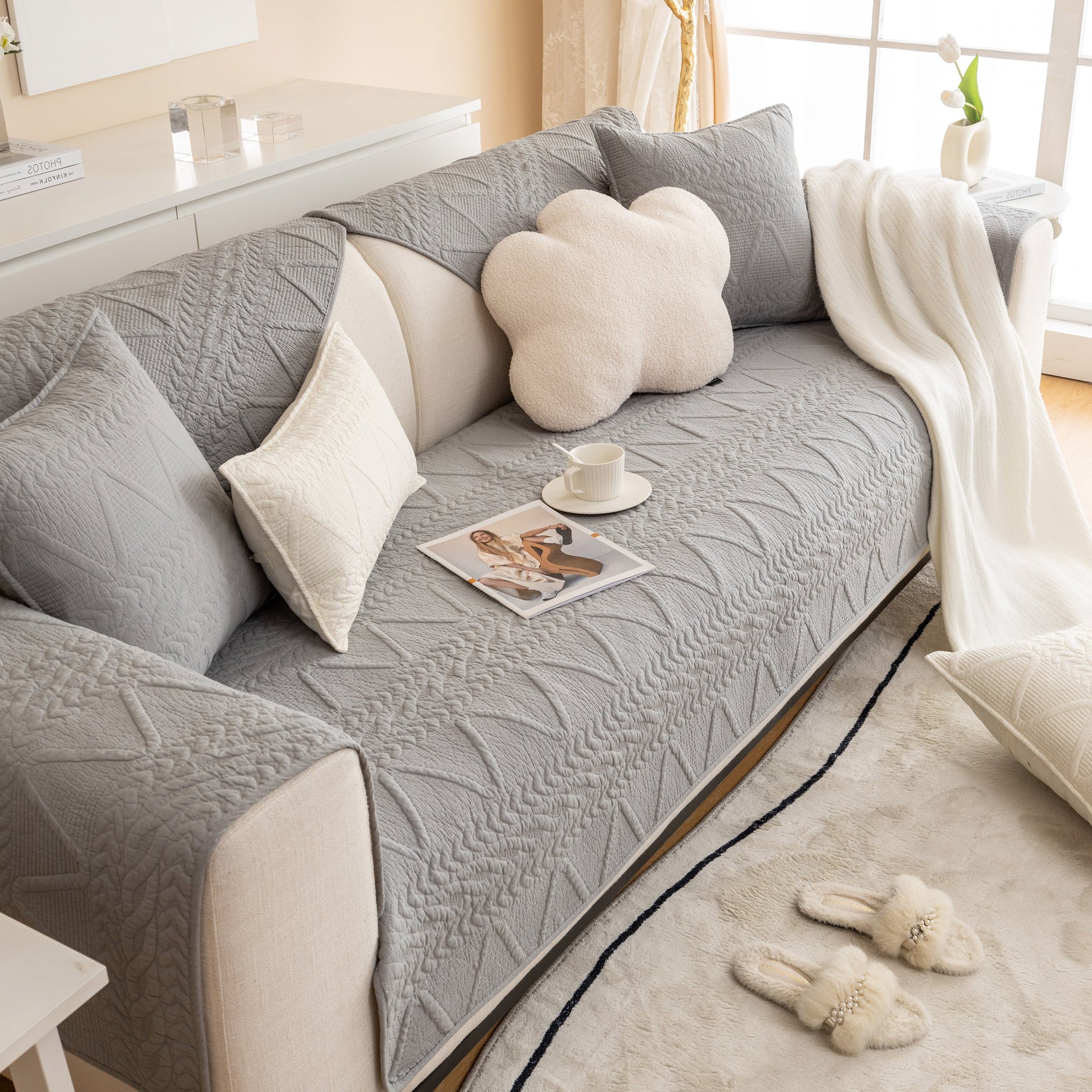 Geometric Textured Cotton Quilted Sofa Cover, Non-Slip Washable Couch Protector - Ornate Home