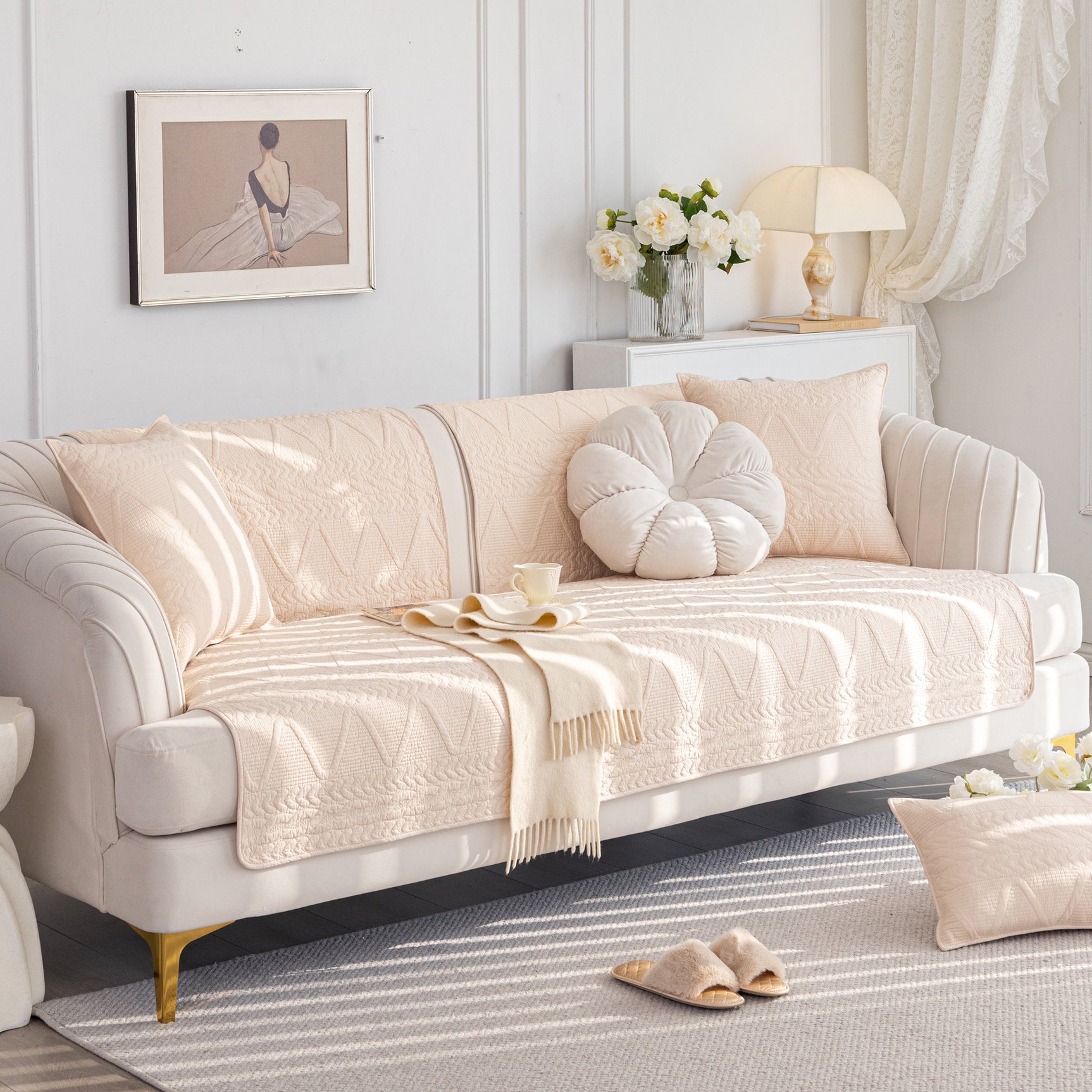 Geometric Textured Cotton Quilted Sofa Cover, Non-Slip Washable Couch Protector - Ornate Home