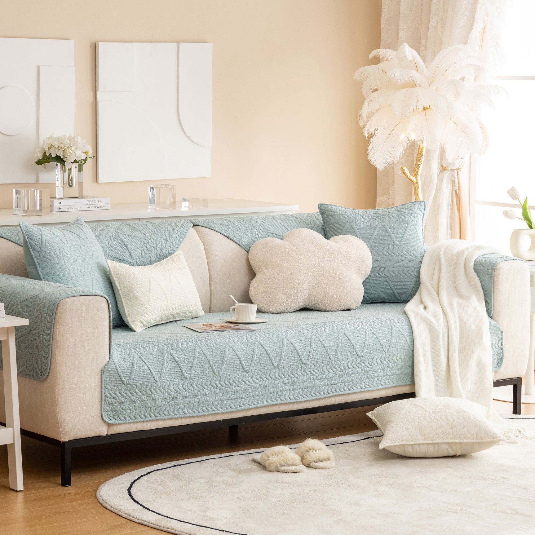 Geometric Textured Cotton Quilted Sofa Cover, Non-Slip Washable Couch Protector - Ornate Home