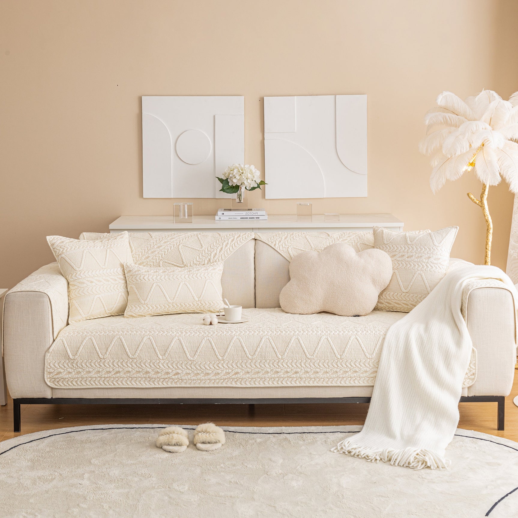 Geometric Textured Cotton Quilted Sofa Cover, Non-Slip Washable Couch Protector - Ornate Home