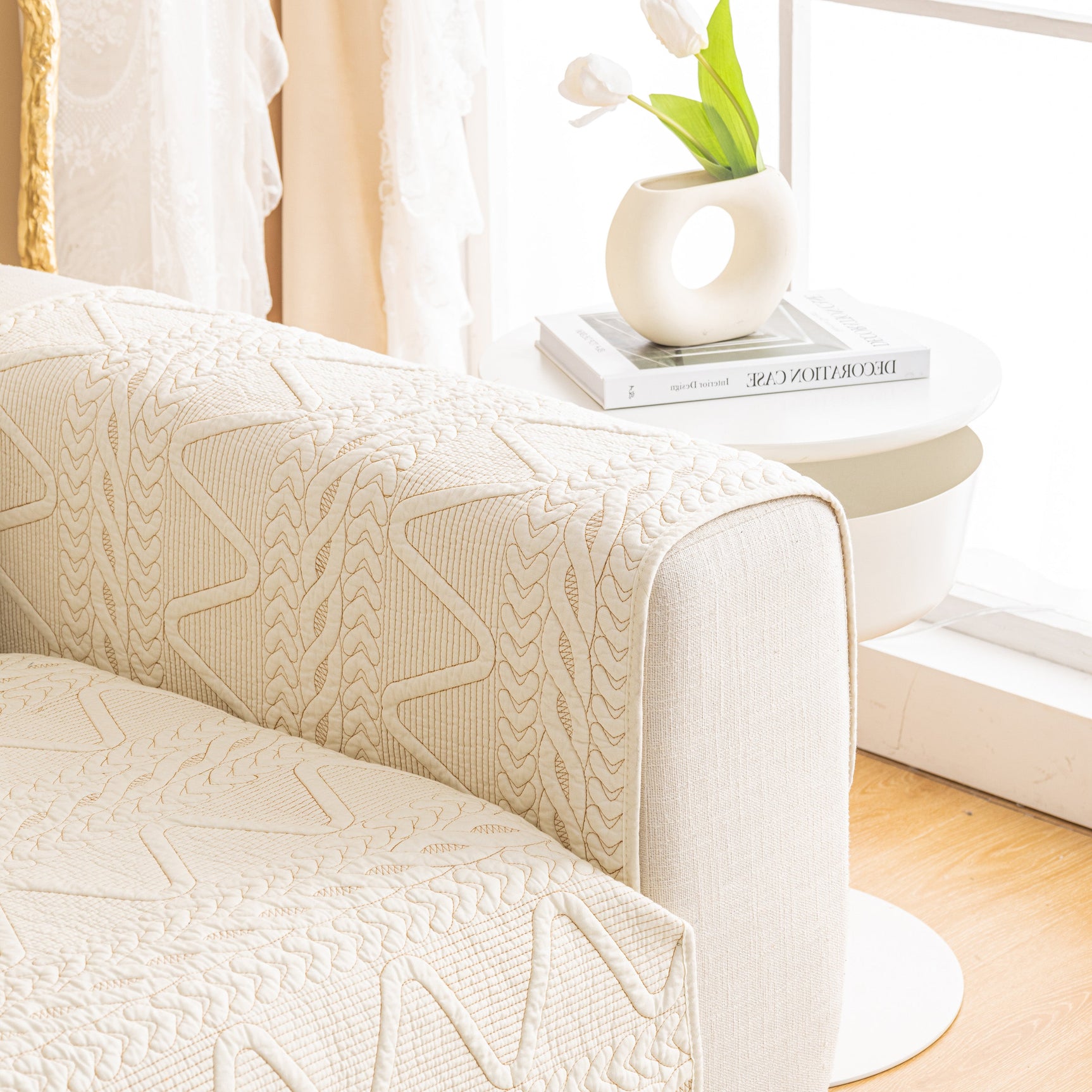 Geometric Textured Cotton Quilted Sofa Cover, Non-Slip Washable Couch Protector - Ornate Home