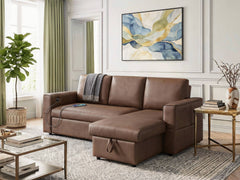 George Caramel 95"W Performance Fabric Reversible Sleeper Sectional Sofa with Storage Chaise - Ornate Home
