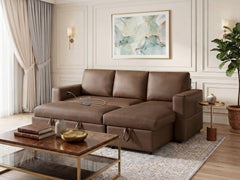 George Caramel 95"W Performance Fabric Reversible Sleeper Sectional Sofa with Storage Chaise - Ornate Home