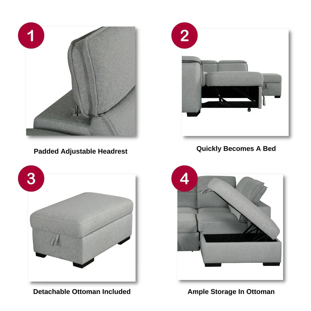Gerardo Gray 3pc L Shape Sectional Sofa Bed w/ Storage Ottoman - Ornate Home