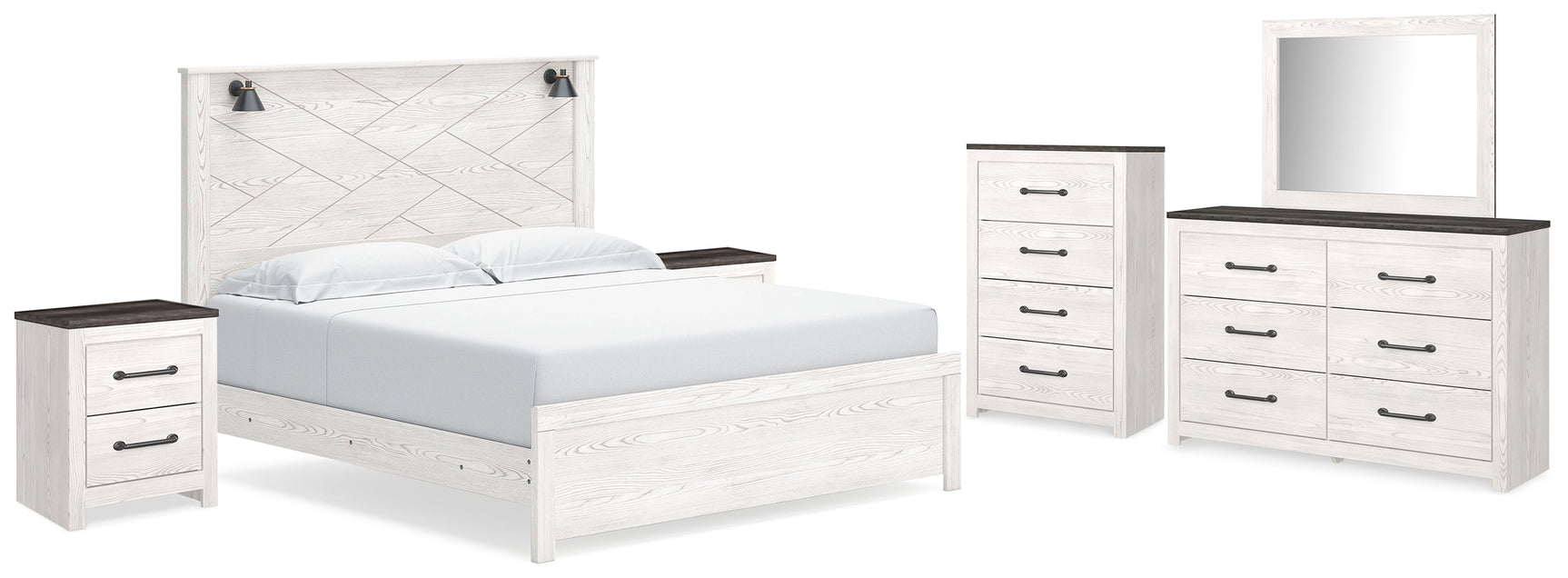 Gerridan White/Gray King Panel Bedroom Set with Dresser, Mirror, Chest and 2 Nightstands - Ornate Home