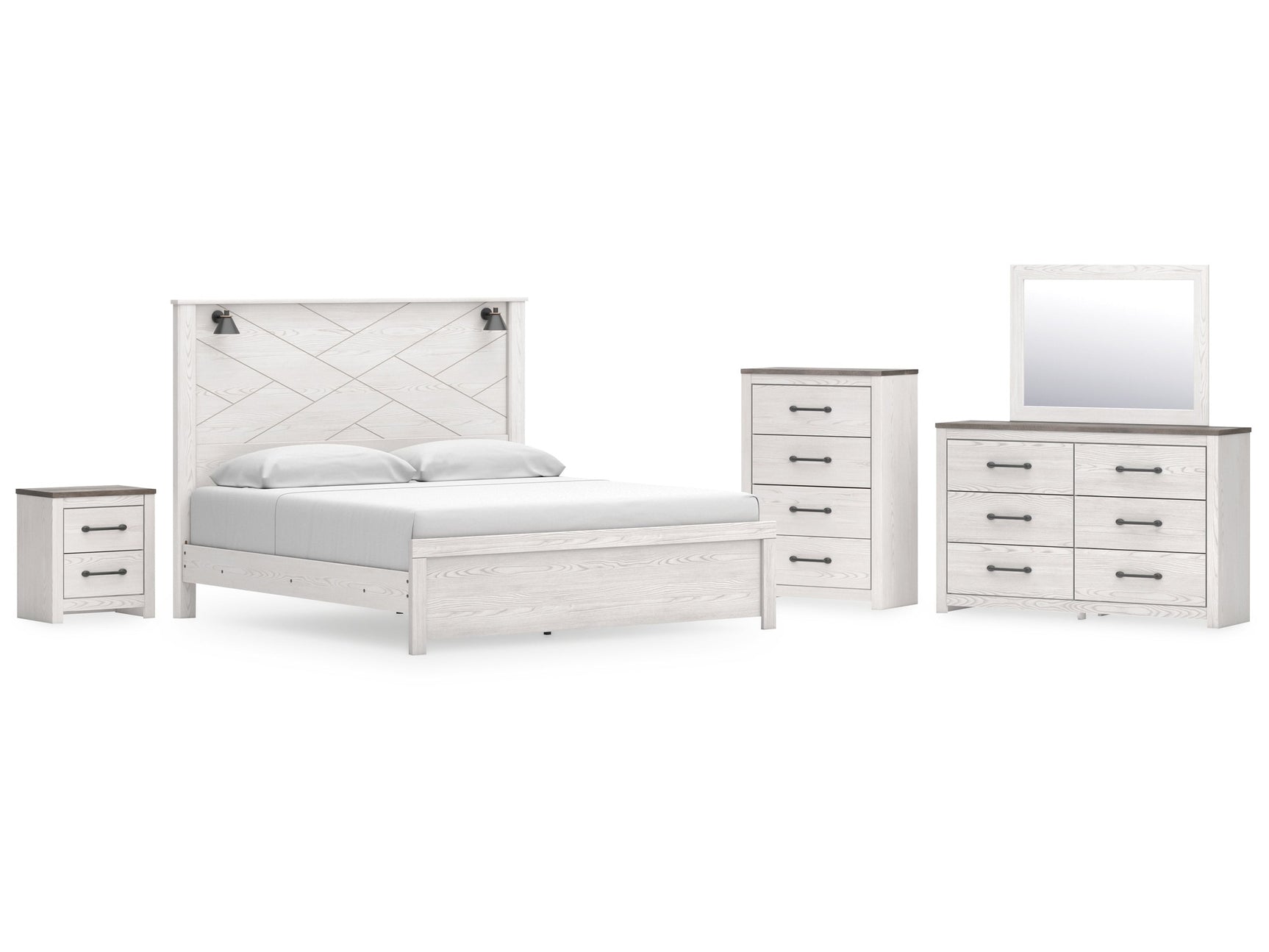 Gerridan White/Gray King Panel Bedroom Set with Dresser, Mirror, Chest, and Nightstand - Ornate Home