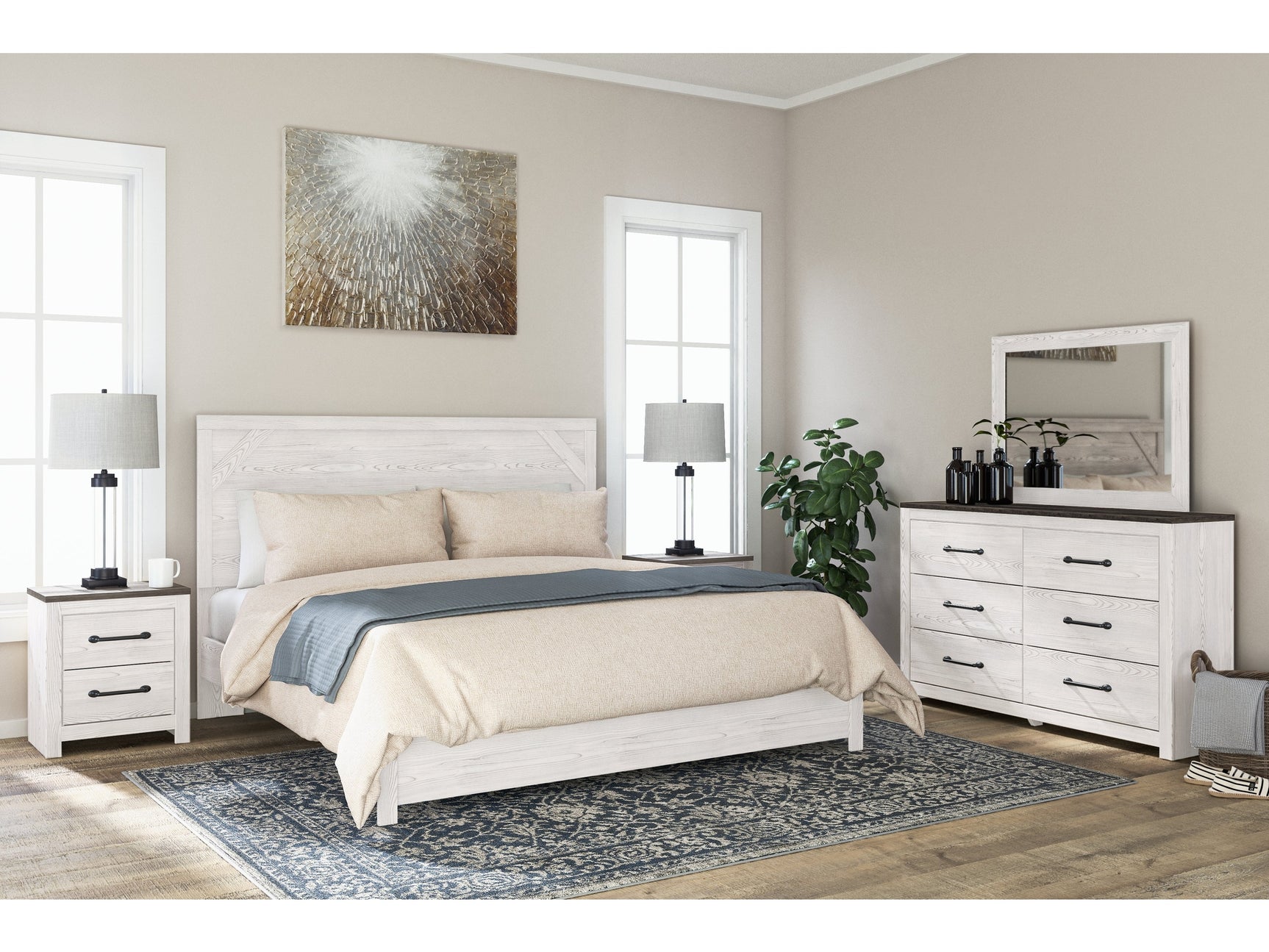 Gerridan White/Gray King Panel Bedroom Set with Dresser, Mirror and 2 Nightstands - Ornate Home