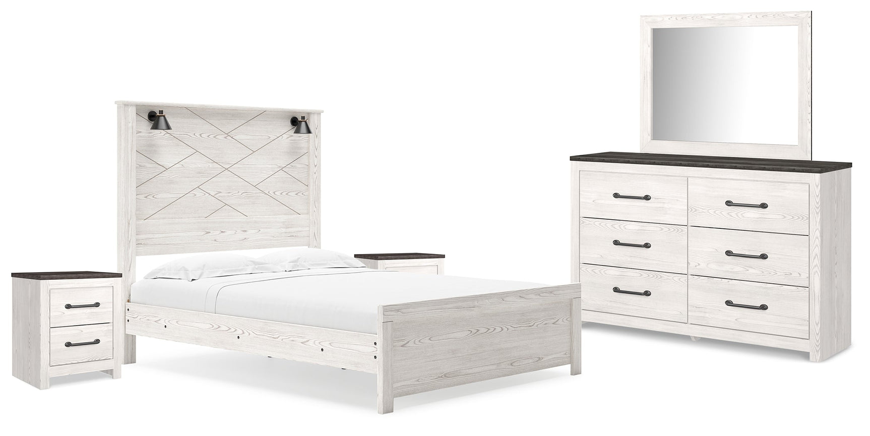 Gerridan White/Gray Queen Panel Bedroom Set with Dresser, Mirror, and 2 Nightstands - Ornate Home
