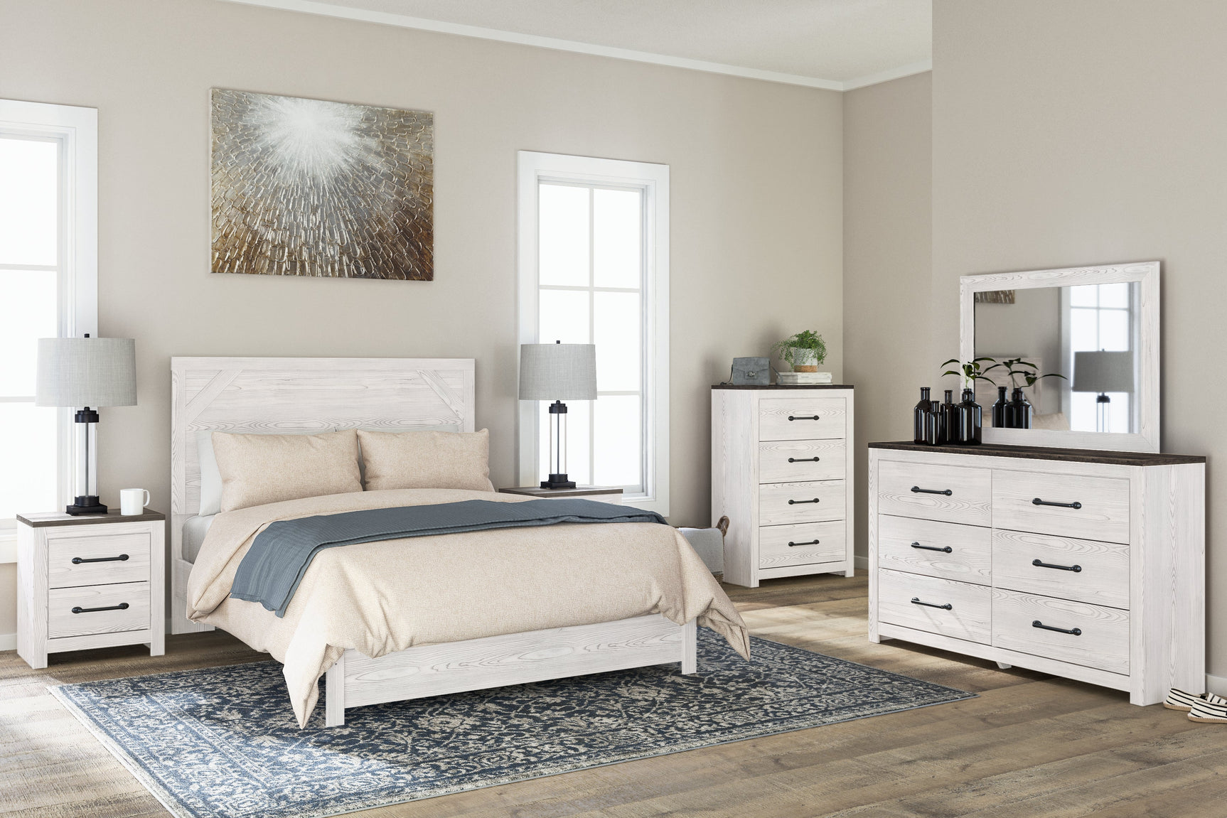 Gerridan White/Gray Queen Panel Bedroom Set with Dresser and Mirror, Chest and 2 Nightstands - Ornate Home