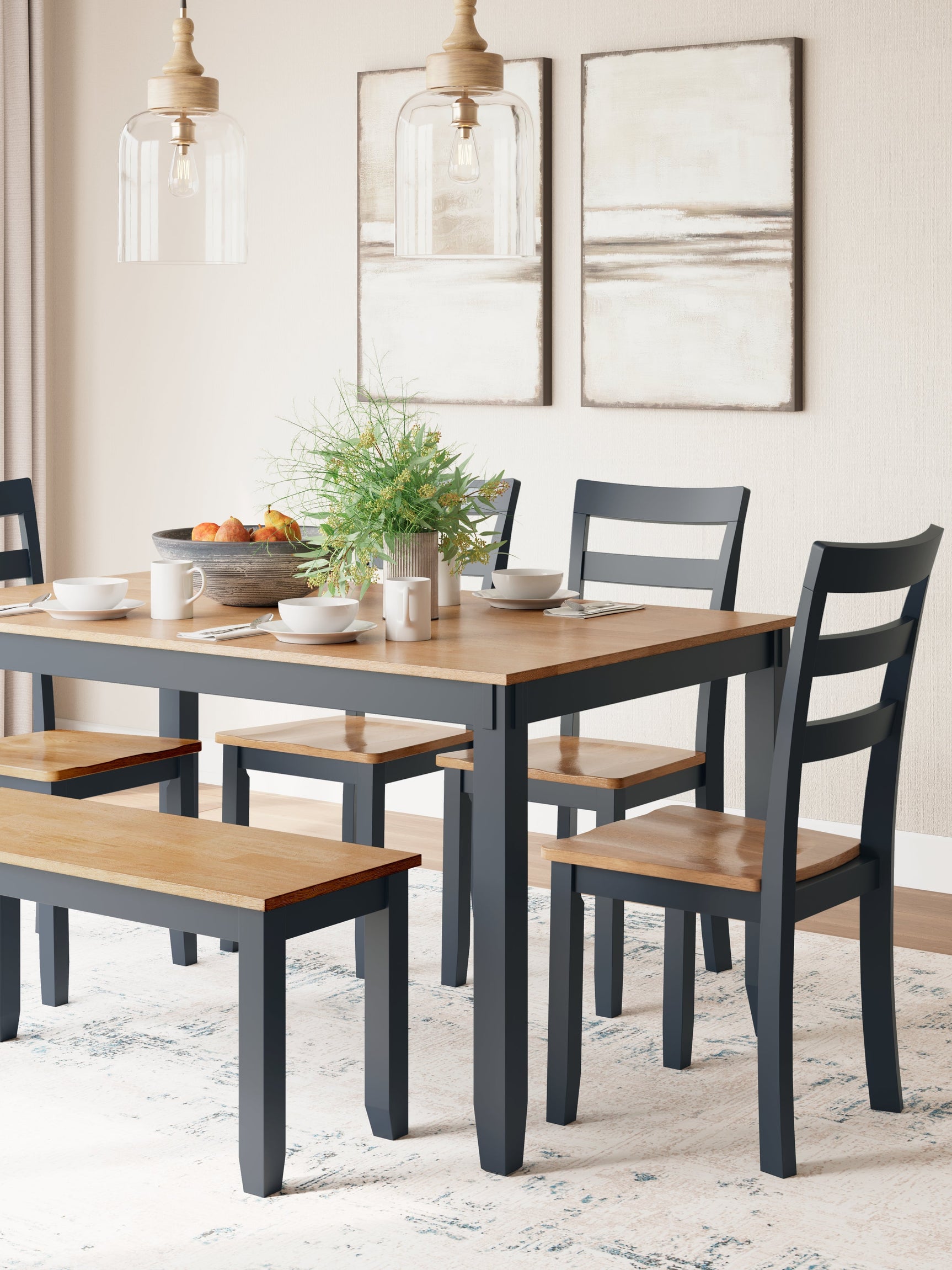 Gesthaven Natural/Blue Dining Table with 4 Chairs and Bench (Set of 6) - Ornate Home