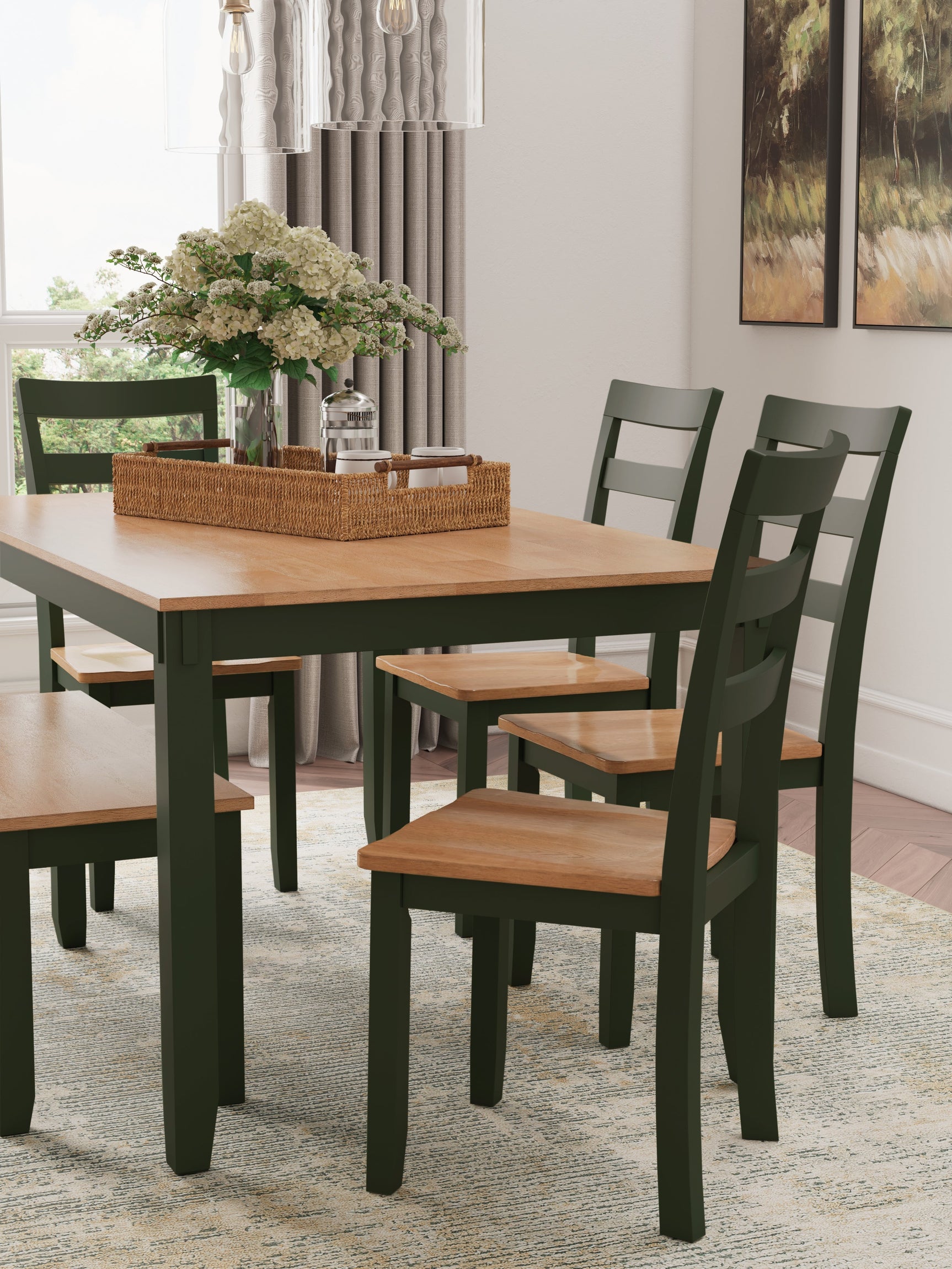Gesthaven Natural/Green Dining Table with 4 Chairs and Bench (Set of 6) (Online Special Price) - Ornate Home