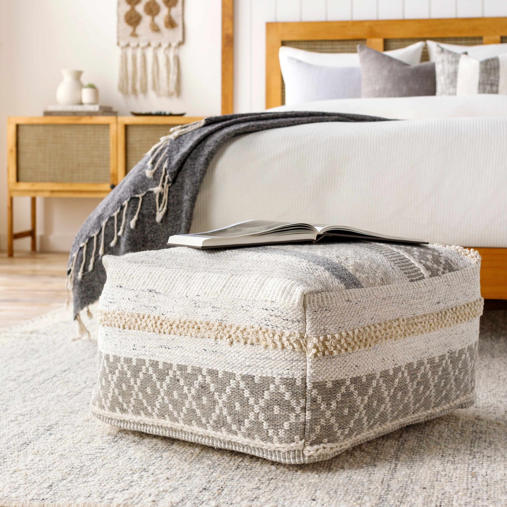 Geyser Woven White Gray Cotton Pouf - Clearance - Ornate Home