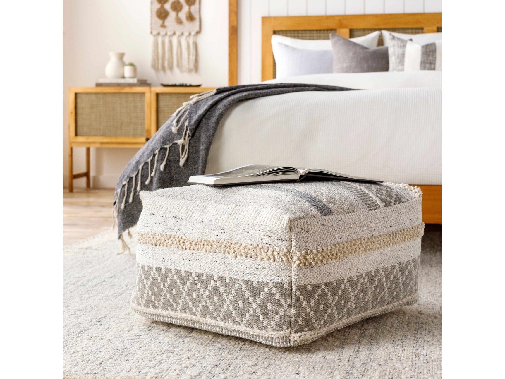 Geyser Woven White Gray Cotton Pouf - Ornate Home