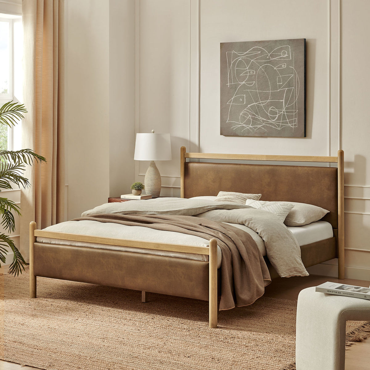 Ginny Light Oak/Canyon Queen Size Vegan Leather Platform Bed Frame - Ornate Home