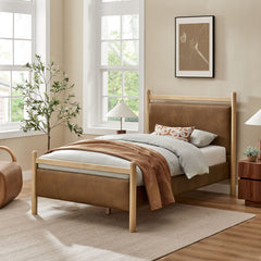 Ginny Light Oak/Canyon Twin Size Vegan Leather Platform Bed Frame - Ornate Home