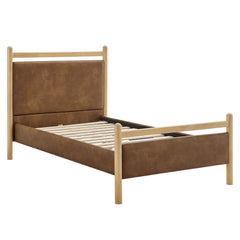 Ginny Light Oak/Canyon Twin Size Vegan Leather Platform Bed Frame - Ornate Home