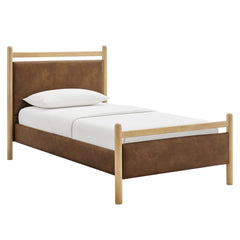 Ginny Light Oak/Canyon Twin Size Vegan Leather Platform Bed Frame - Ornate Home