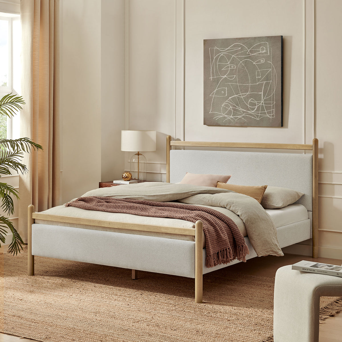 Ginny Light Oak Heathered Ivory King Size Platform Bed Frame - Ornate Home