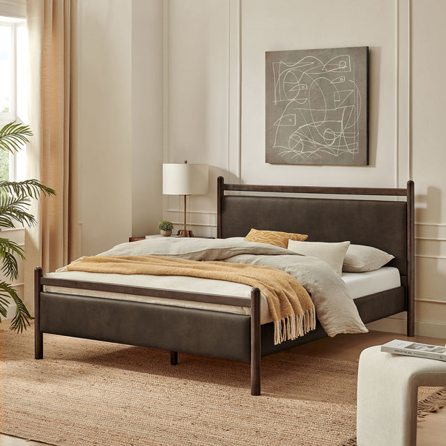 Ginny Wenge Mushroom King Size Vegan Leather Platform Bed Frame - Ornate Home