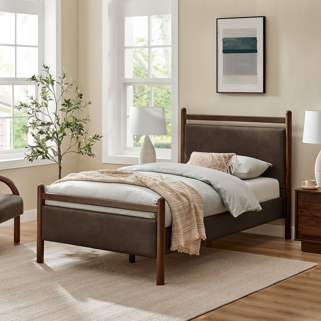 Ginny Wenge Mushroom Twin Size Vegan Leather Platform Bed Frame - Ornate Home