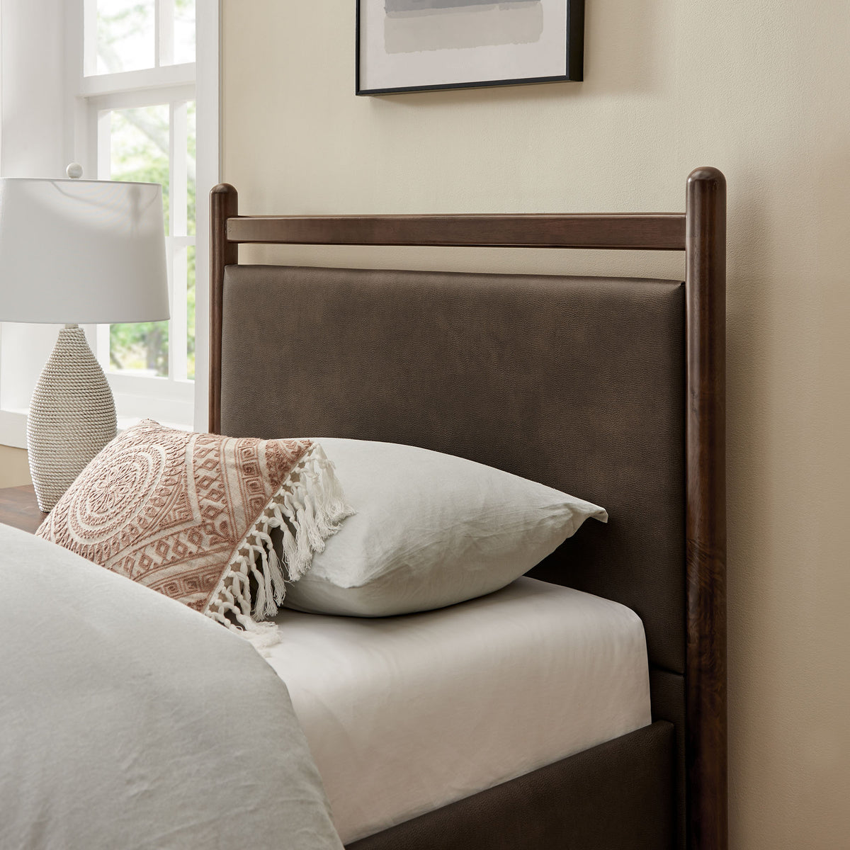 Ginny Wenge Mushroom Twin Size Vegan Leather Platform Bed Frame - Ornate Home