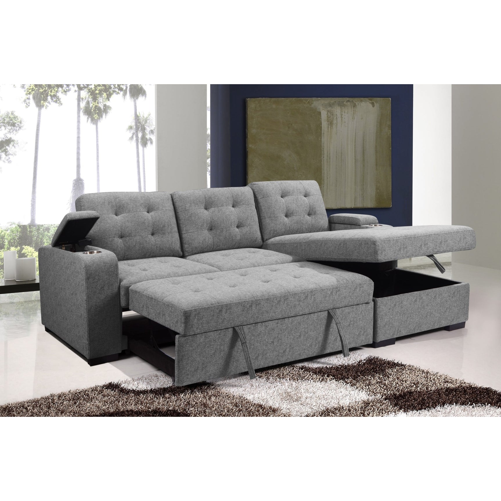 Giovanni Light Gray Sleeper Sectional Sofa w/ Storage - Ornate Home