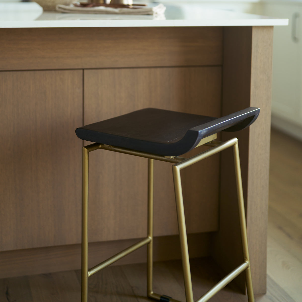 Givens Brown/Gold Wood Seat Metal Frame Stool - Ornate Home
