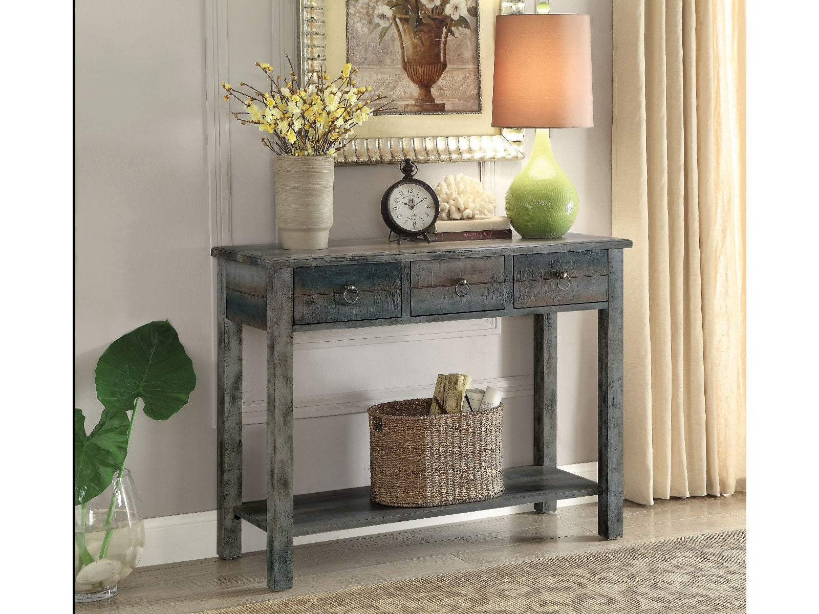 Glancio Antique White & Teal Console Table - Ornate Home