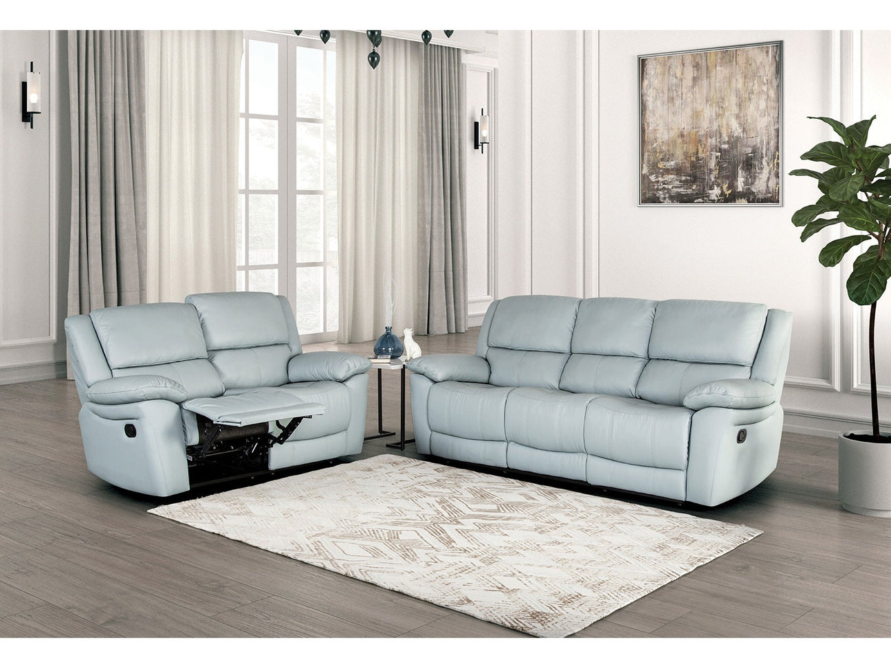 Glarus Powder Blue Leather Match Reclining Living Room Set - Ornate Home