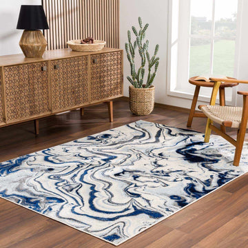Glendon Cream Blue Marble Rug - Clearance - Ornate Home