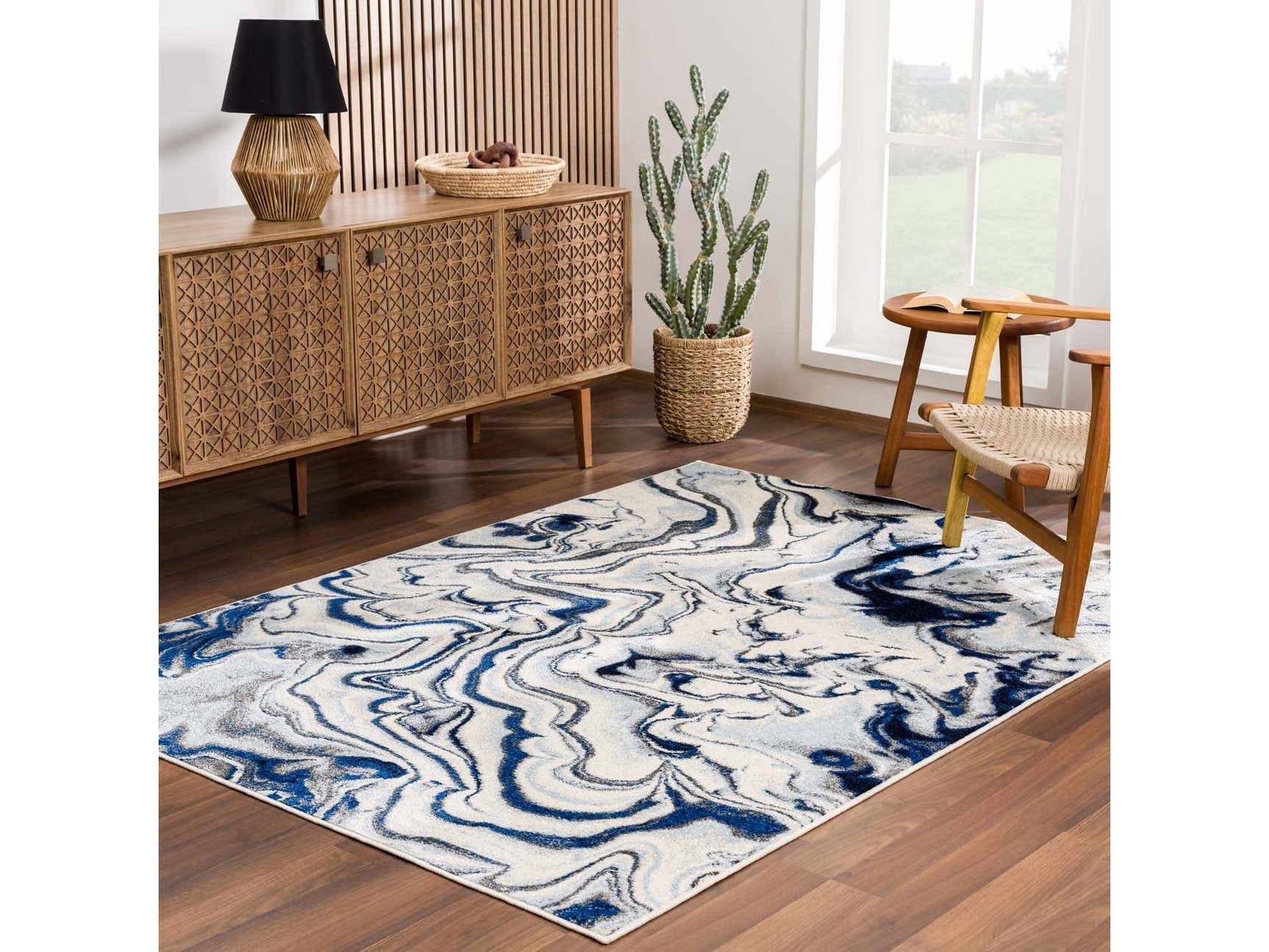 Glendon Cream Blue Marble Rug - Ornate Home