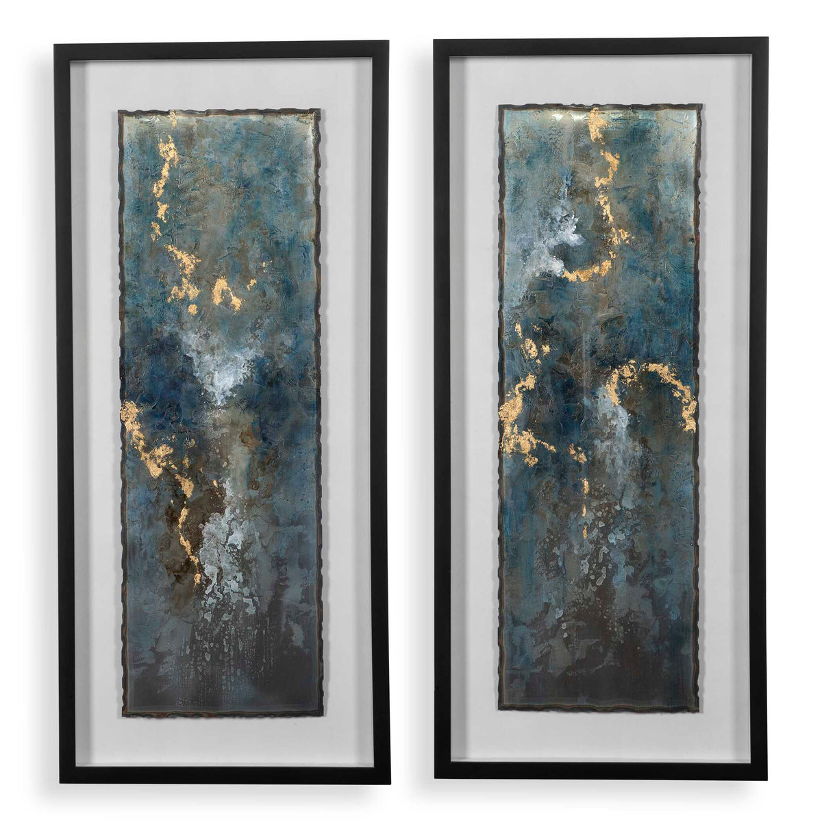 Glimmering Agate Blue/Gold/White Abstract Prints (Set of 2) - Ornate Home