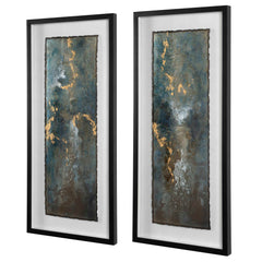 Glimmering Agate Blue/Gold/White Abstract Prints (Set of 2) - Ornate Home