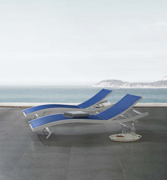 Glimpse White/Navy Outdoor Patio Mesh Chaise Lounge (Set of 2) - Ornate Home
