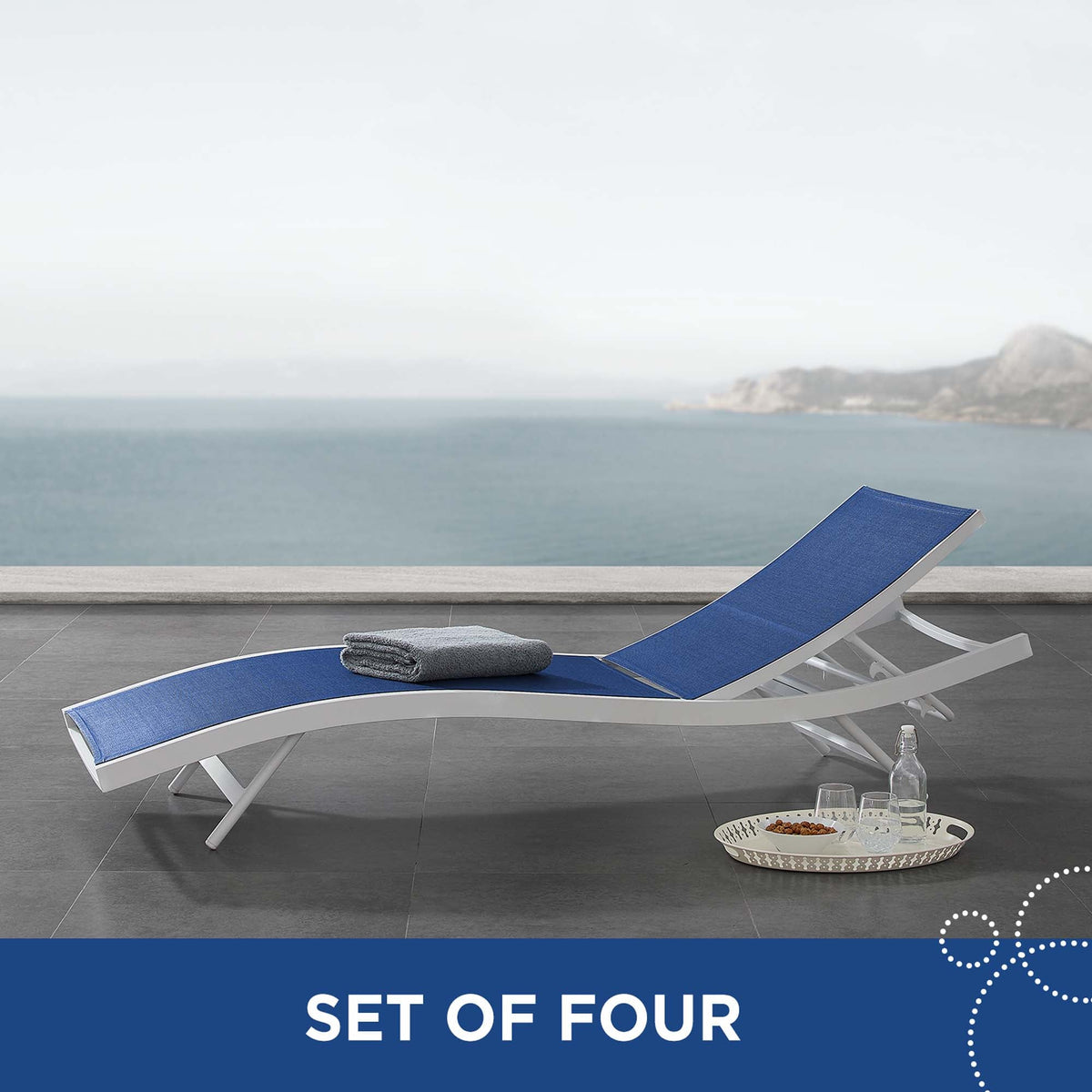 Glimpse White/Navy Outdoor Patio Mesh Chaise Lounge (Set of 4) - Ornate Home