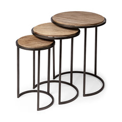 Glover Brown Wood Round Top with Metal Nesting Accent Tables (Set of 3) - Ornate Home