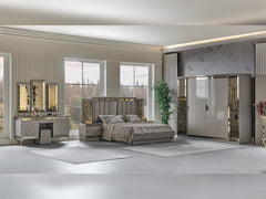 Gokce Light Brown Bedroom Set (Queen Frame With Headboard & Dresser With Mirror & Ottoman & 2 Nightstand) - Ornate Home