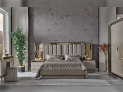 Gokce Light Brown Bedroom Set (Queen Frame With Headboard & Dresser With Mirror & Ottoman & 2 Nightstand) - Ornate Home