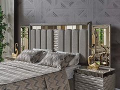 Gokce Light Brown Bedroom Set (Queen Frame With Headboard & Dresser With Mirror & Ottoman & 2 Nightstand) - Ornate Home