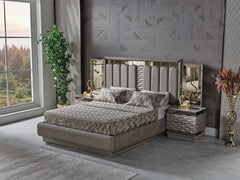 Gokce Light Brown Bedroom Set (Queen Frame With Headboard & Dresser With Mirror & Ottoman & 2 Nightstand) - Ornate Home