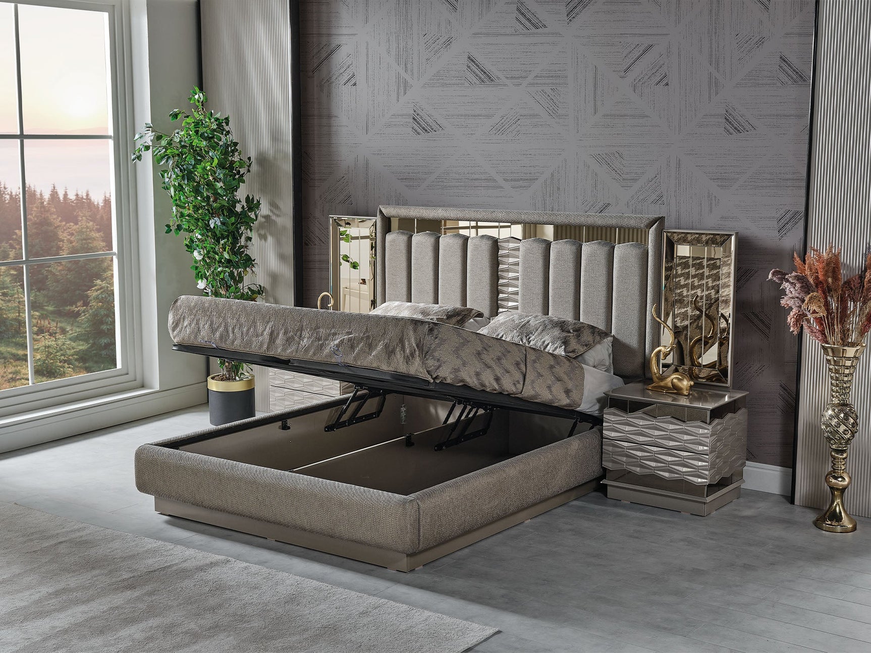 Gokce Light Brown Bedroom Set (Queen Frame With Headboard & Dresser With Mirror & Ottoman & 2 Nightstand)